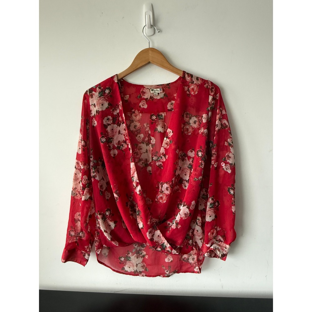 Kut from the Kloth Red Floral Surplice Blouse Roll Tab Sleeve Small Womens